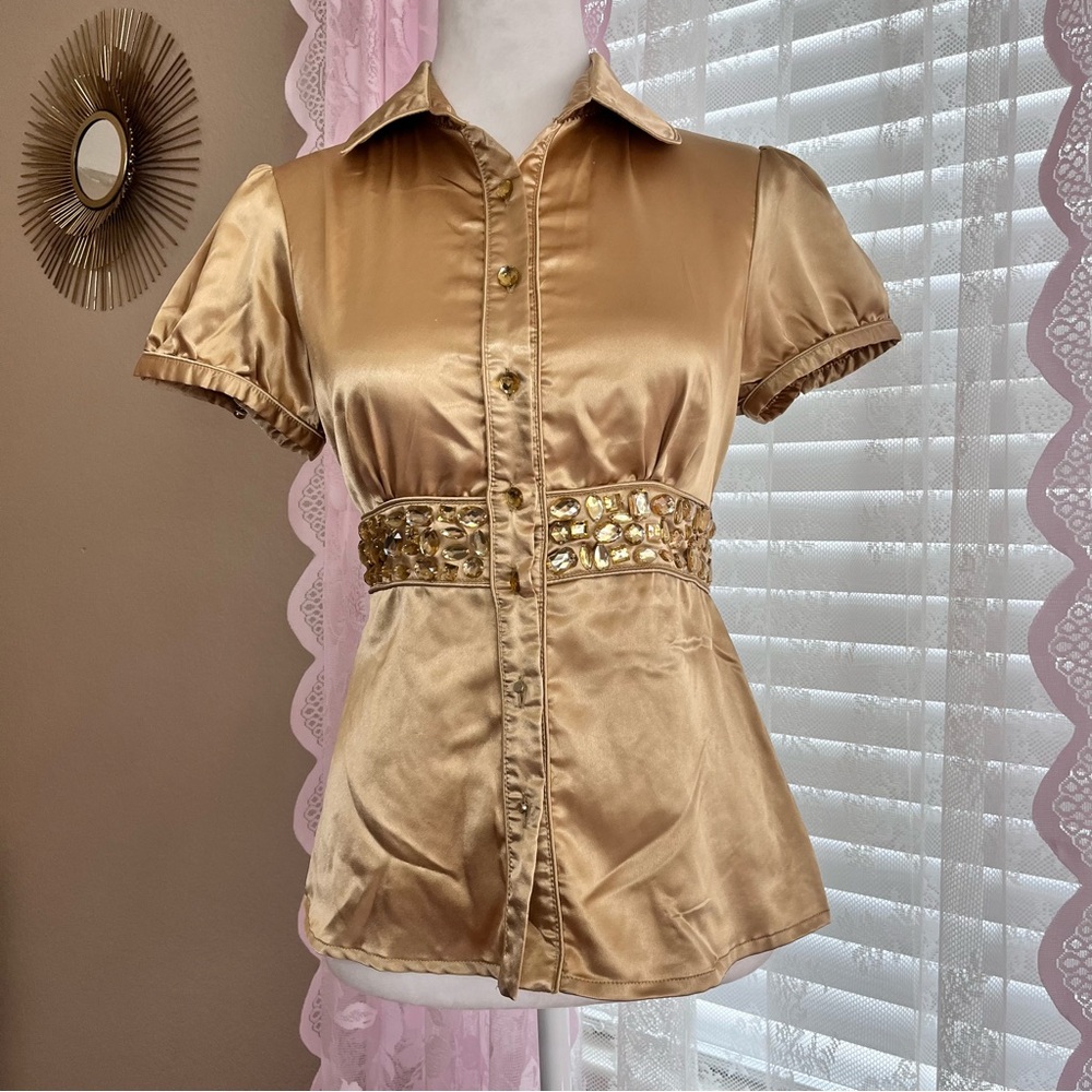 Y2k Gold Satin Short-Sleeve Button-Up Top with Embellished Waist